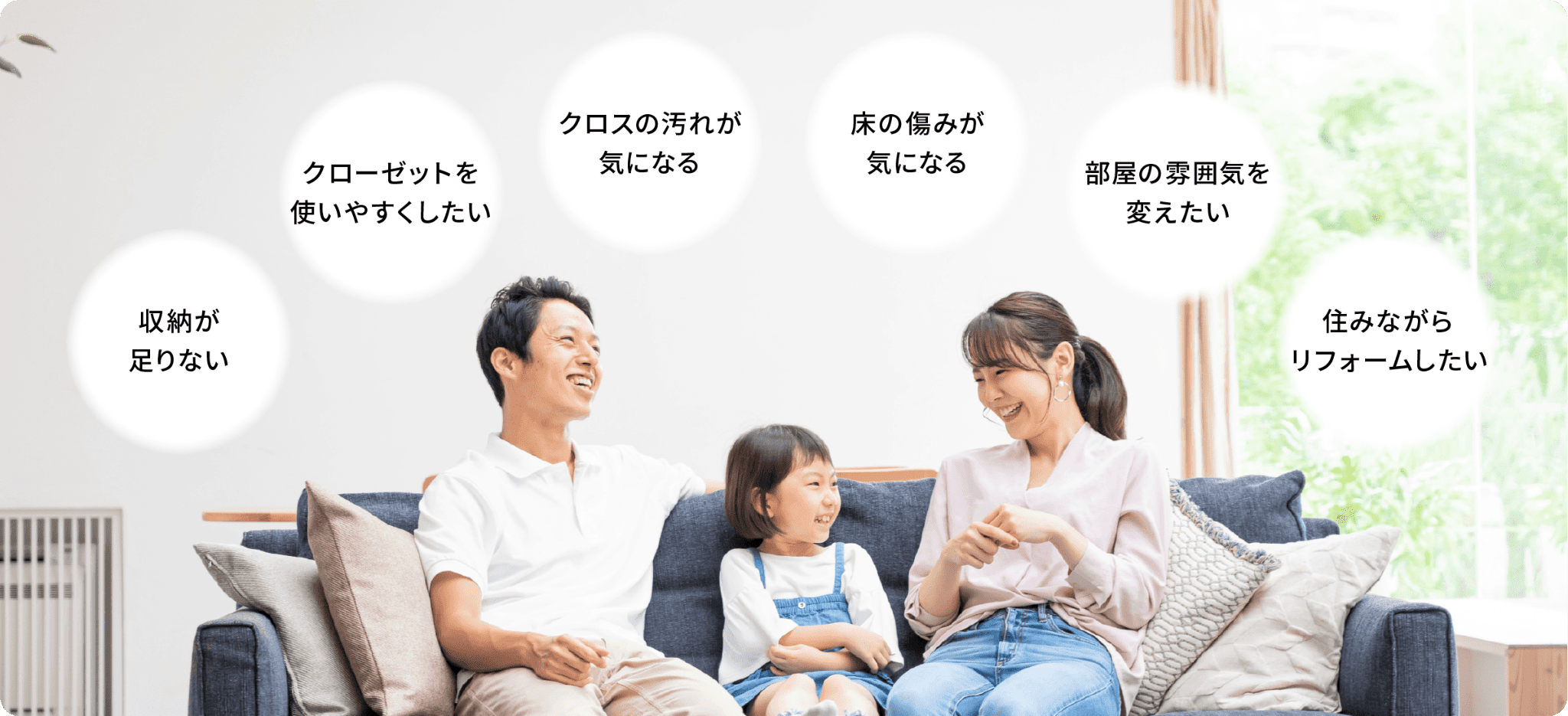収納が足りない、クローゼットを使いやすくしたい、クロスの汚れや床の傷みが気になる、部屋の雰囲気を変えたい、住みながらリフォームしたいといった住まいのお悩み